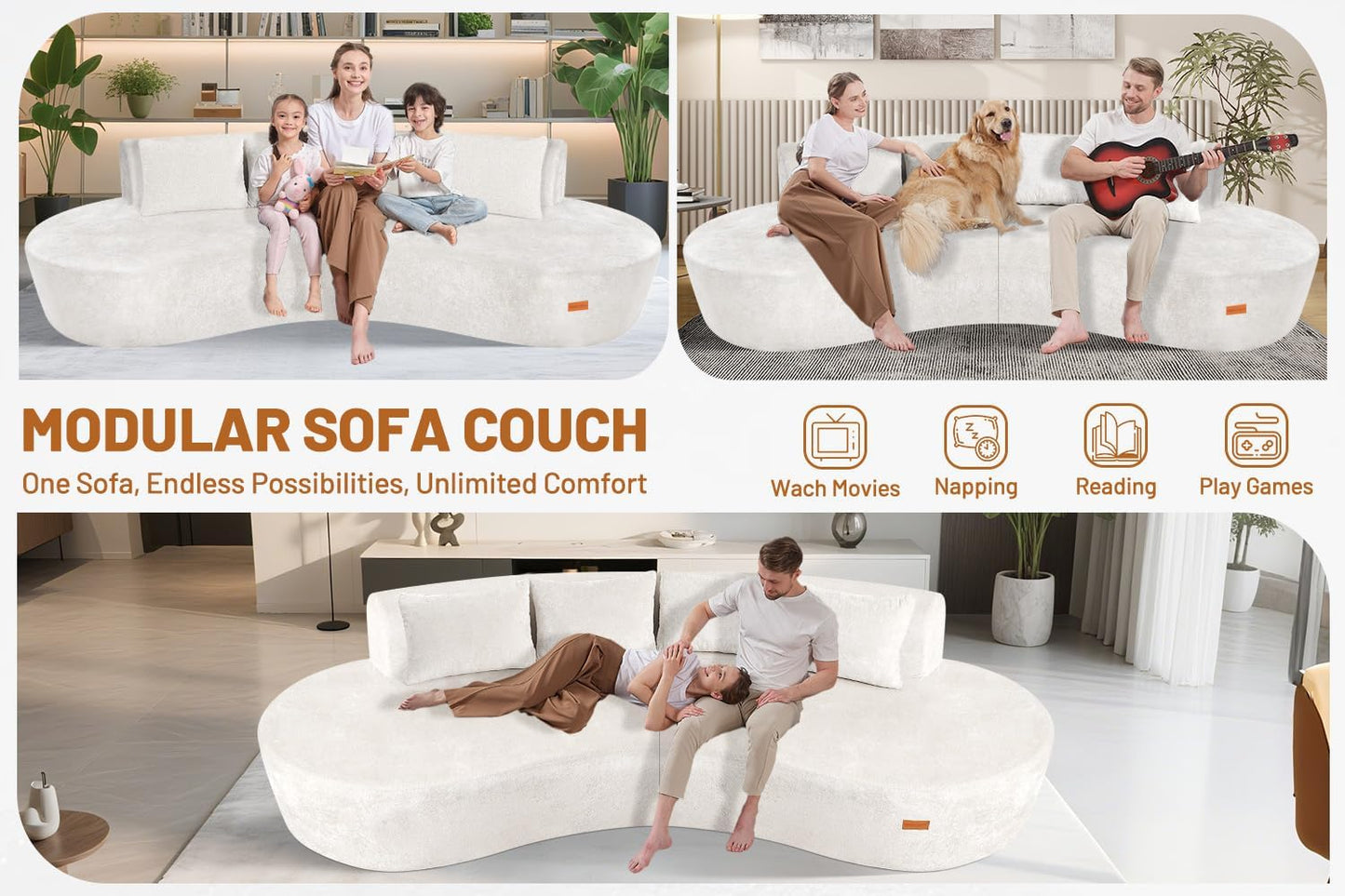 Homguava 104'' Modular Sectional Sofa,Curved Modern Sofa with Memory Foam,Deep Seat Cloud Couch with 4 Pillows,Upholstered Oversized Couches for Living Room Apartment Office,No Assembly Required,Beige