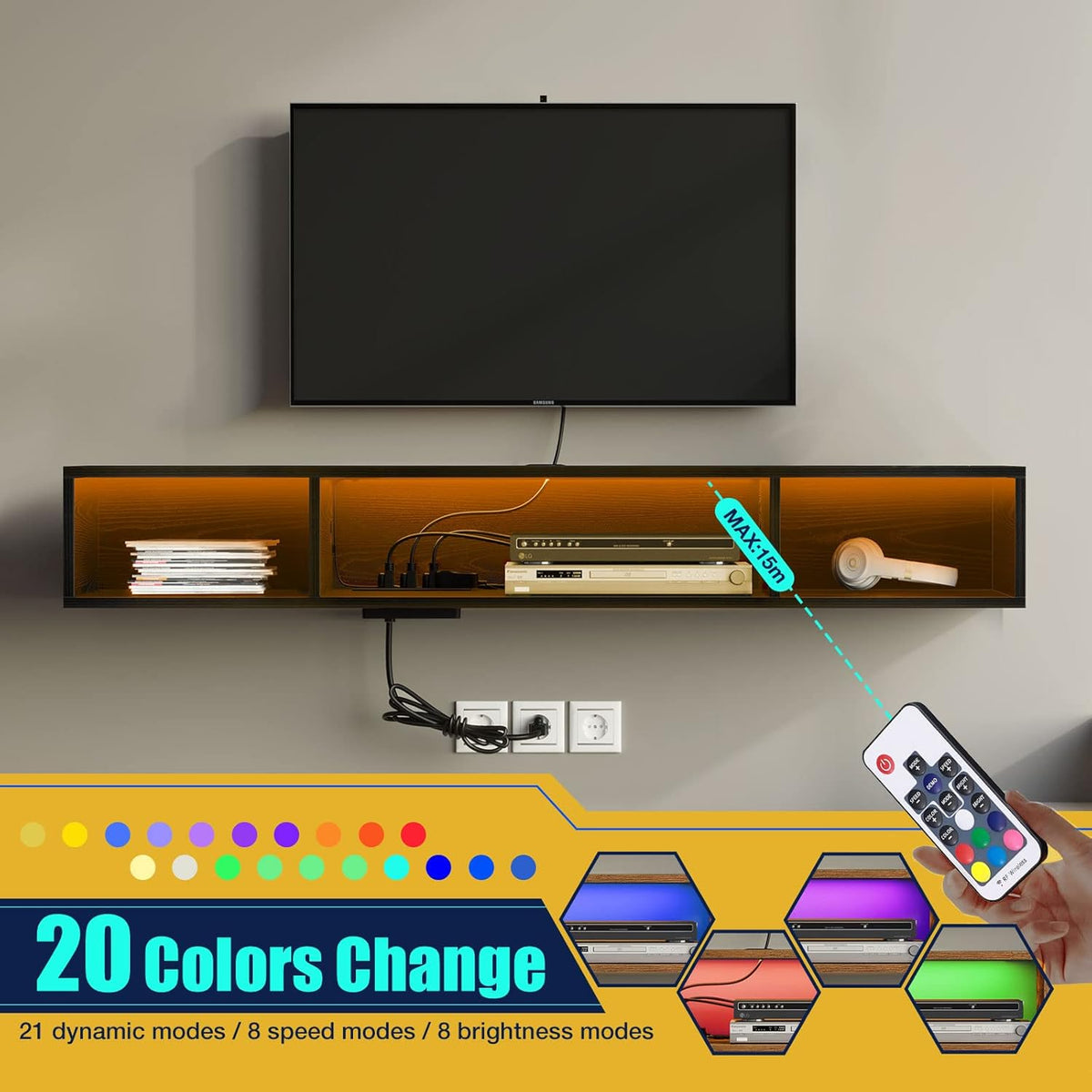 Rolanstar TV Stand with Power Outlet, Floating TV Stand with RGB Lights, 47.2" Wall Mounted TV Shelf, Black Media Console with Storage Shelf, Entertainment Under TV for Living Room, Bedroom