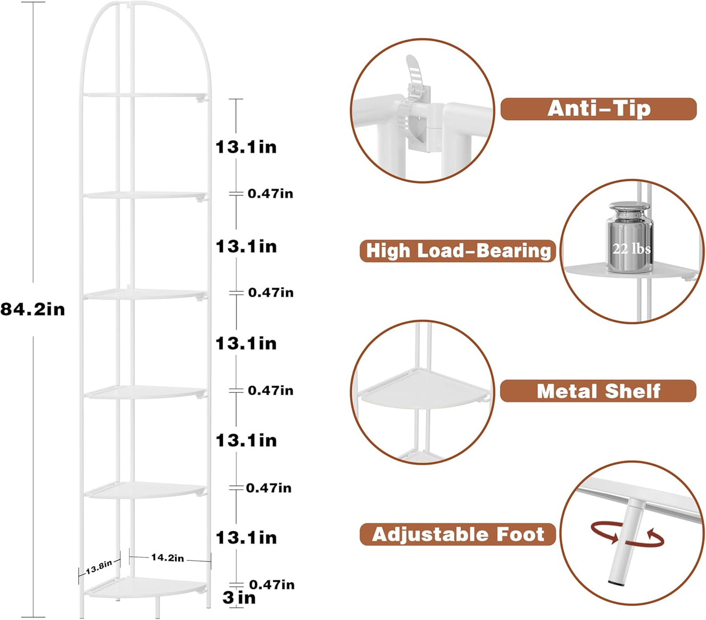 Crofy Foldable 6 Tier Corner Shelf, Metal Corner Plant Stand with White Frame and White Shelves, Corner Display Rack Multipurpose Shelving Unit for Living Room, Bedroom, Bathroom