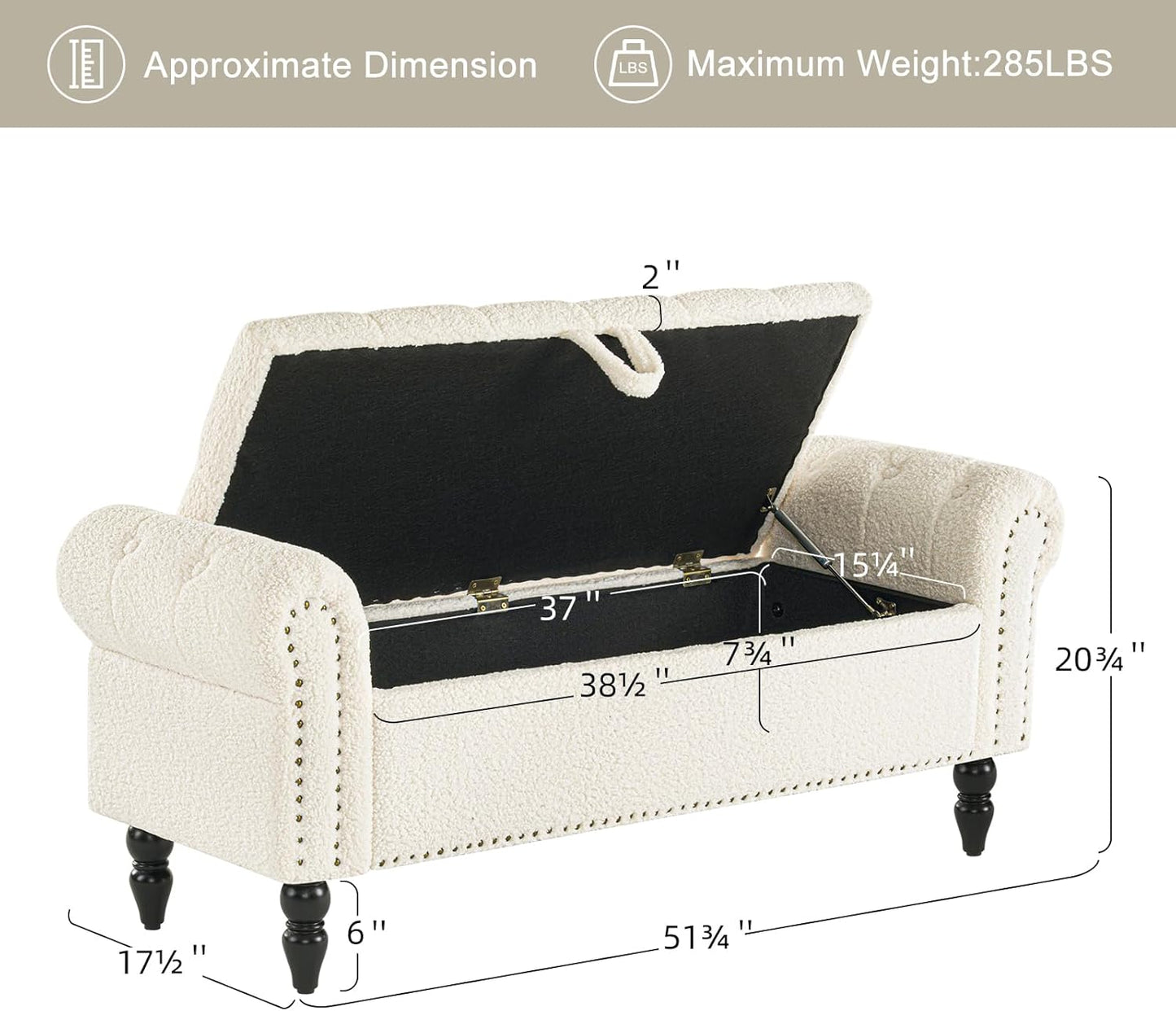 Furniliving Modern Storage Ottoman Bench, Sherpa Ottoman End of Bed Bench with Solid Wood Legs Upholstered Ottoman Benches with Storage Indoor Bench for Living Room with Rolled Arm, Entryway, White