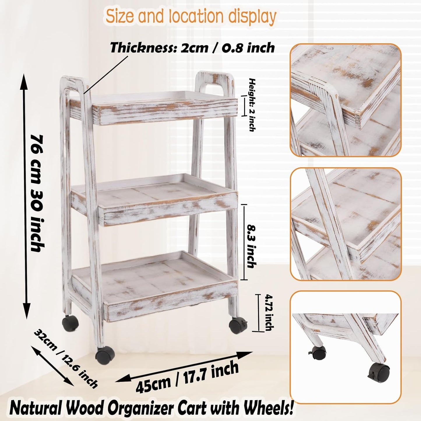 3-Tiers Ladder Shelf with Wheels, Wooden Rolling Cart,Solid Pine Wood Ladder Shelf, Side End Table for Living Room, Storage Cart Organizer for Kitchen,Studio,Classroom, Bathroom (Retro White)