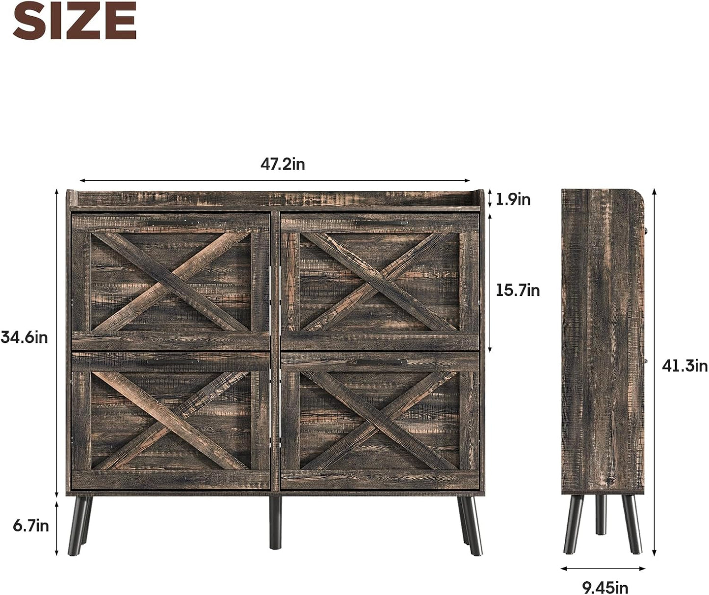 Maupvit Large Shoe Storage Cabinet with 4 Flip Drawers, Narrow Shoe Cabinet for Entryway with Wooden Legs, Freestanding Hidden Shoe Rack Organizer ＆ Metal Hinges, Dark Rustic Oak