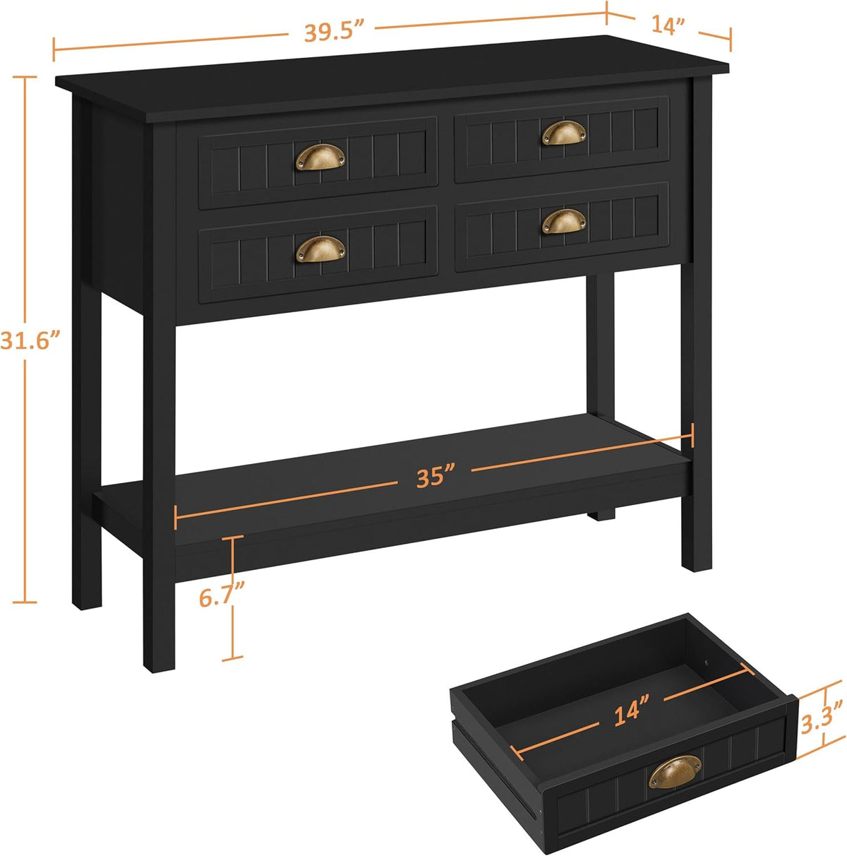 Yaheetech Console Table with 4 Drawers, Sofa Side Table with Bottom Open Storage Shelf, Heavy-Duty Entryway Tables for Hallway/Living Room, 39.5x14x32 inch, Black