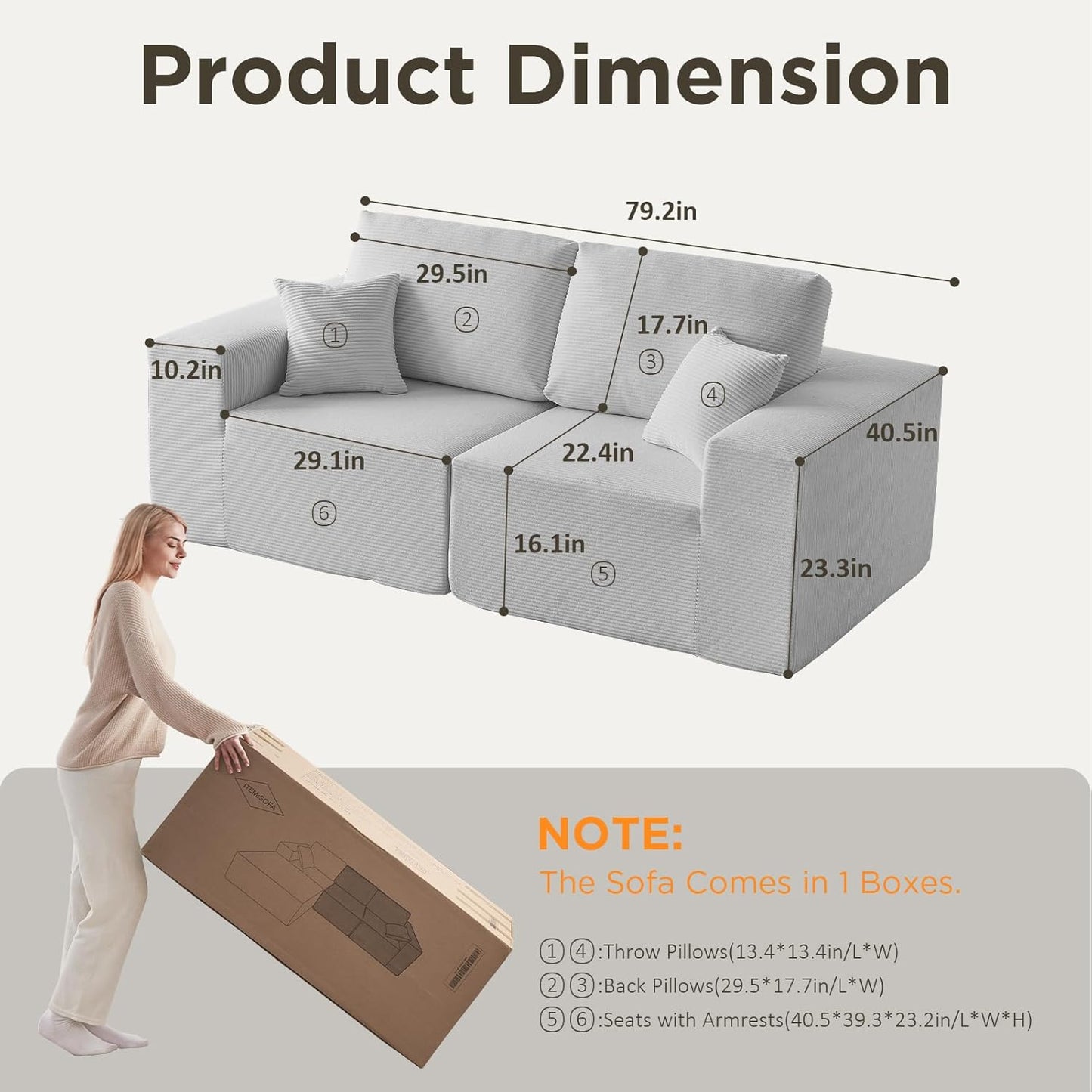 INGEROOM 79" Cloud Couch, Loveseat Sofa with Deep Seat, Modern Plush Corduroy Small Couch for Living Room Bedroom（Gray）
