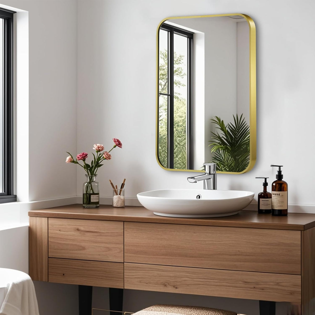 16x20 Inch Gold Mirror, Framed Rectangle Mirror with Rounded Corner, Brushed Brass Mirror, Gold Bathroom Mirror for Over Sink, Vanity, Living Room, Bedroom, Horizontal/Vertical