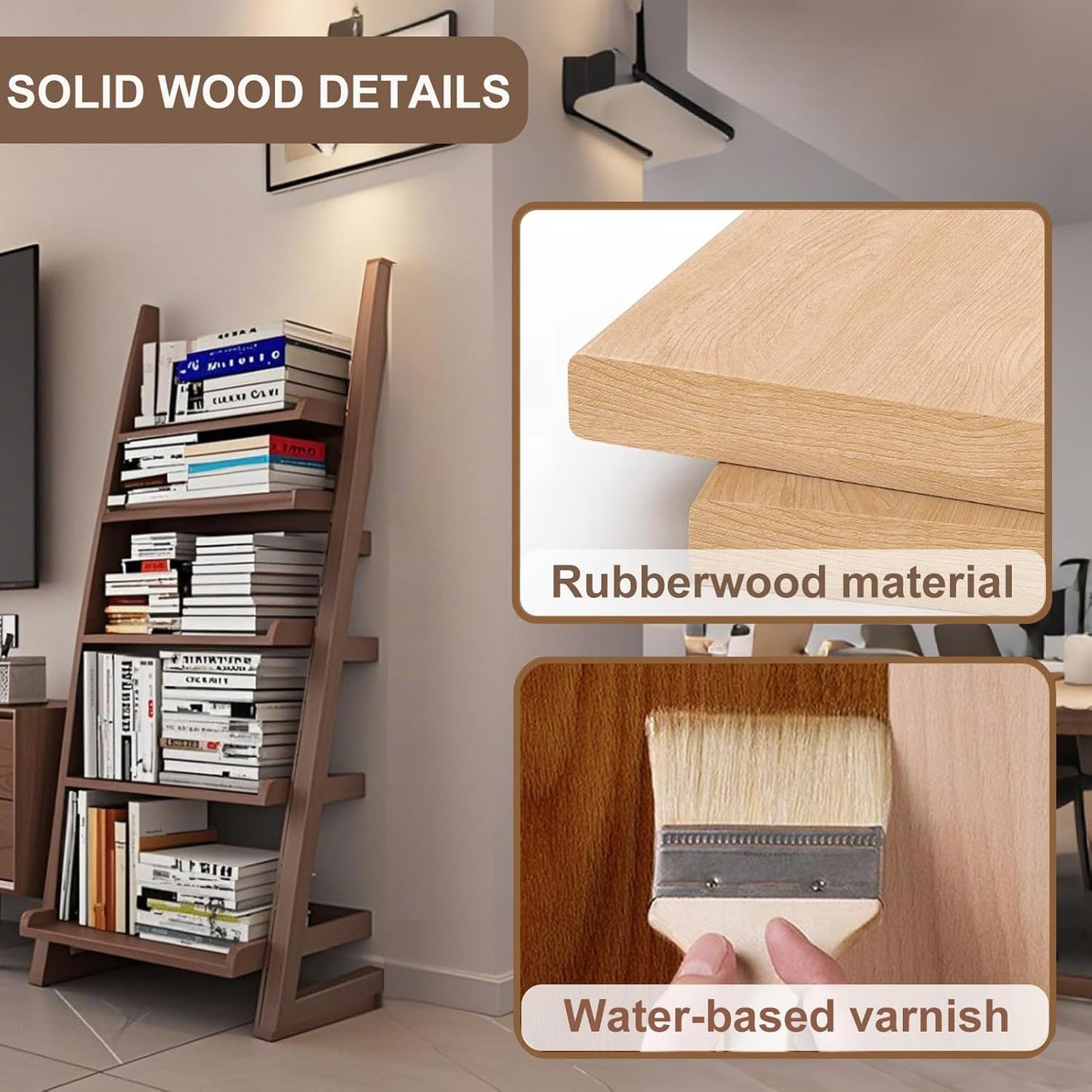 5-Tier Wooden Ladder Shelf Bookcase, H 55" Walnut Ladder Bookshelf Freestanding Storage Shelves Rack Organizer for Living Room, Home Office and Bedroom