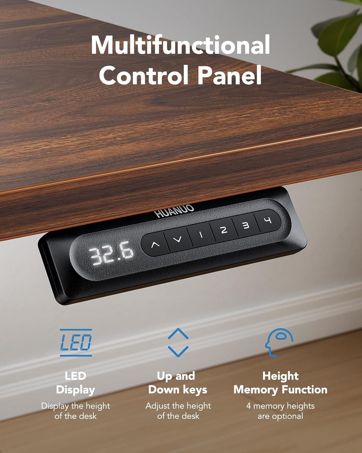 HUANUO 48" x 24" Electric Standing Desk Adjustable Height, 4 Memory Height Settings, Headphone Hook, Cable Manager, Sit Stand Up Desk for Home Office & Computer Workstation, Walnut