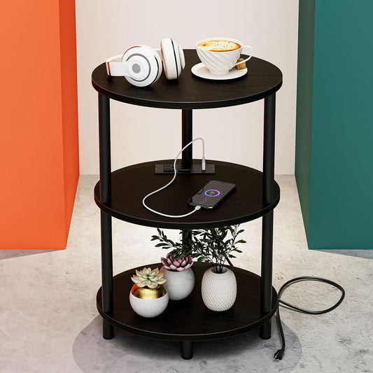 Small Round Side Table - 3-Tier Oval Accent Table for Small Spaces, Rustic Wood and Metal Nightstand for Living Room or Bedroom, Built-in USB Ports and Power Outlet, Charcoal Wenge