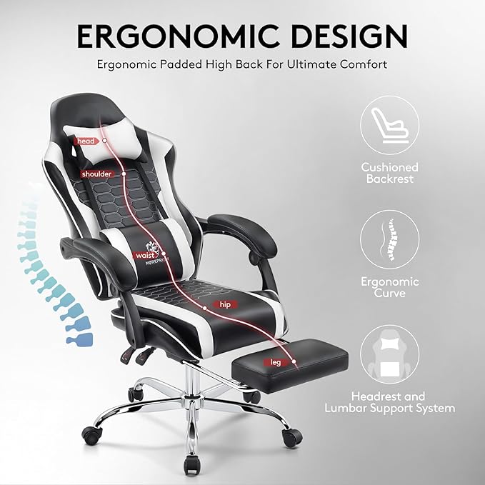 Gaming Chair,Computer Office Chair with Footrest,Massage Lumbar Support and Gel Pad,Ergonomic Reclining Adjustable Leather Gamer Chair with Headrest and Spring Cushion Black White