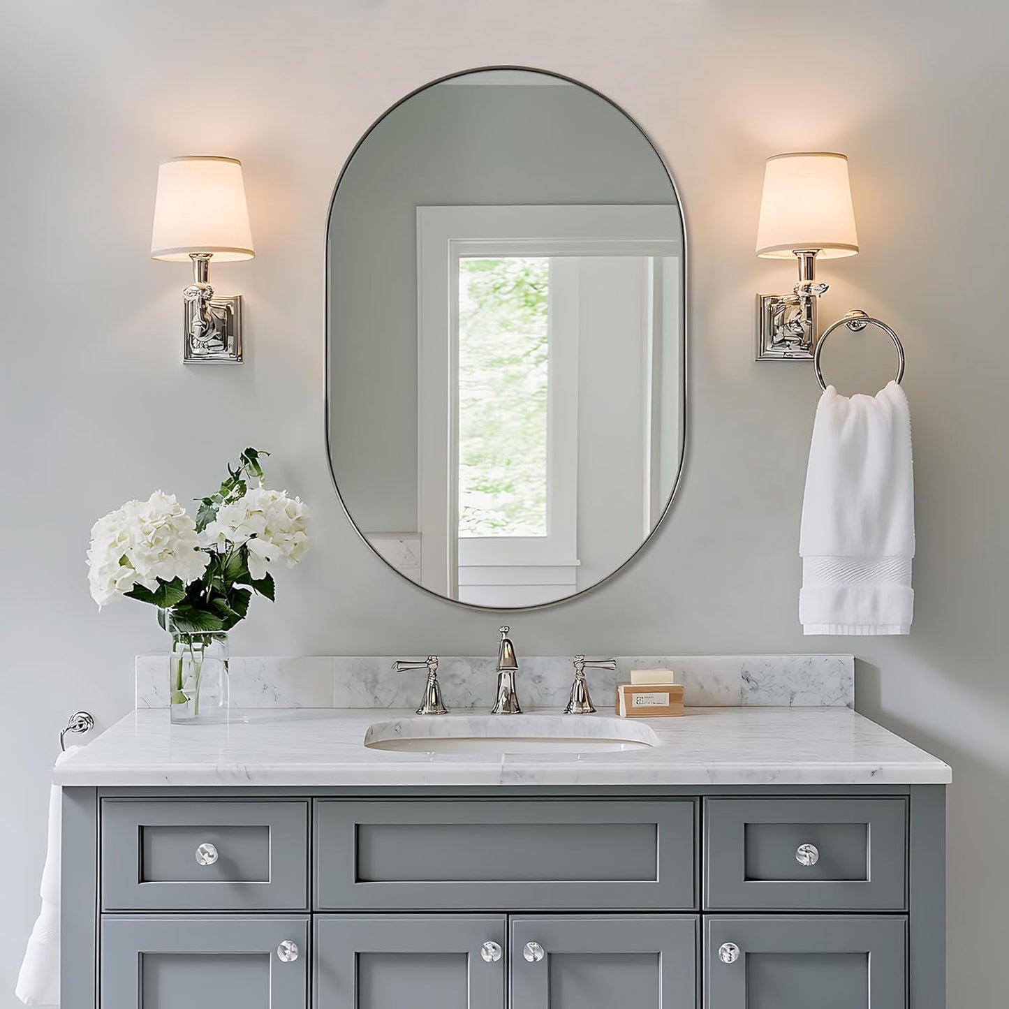 ANDY STAR Brushed Nickel Oval Bathroom Mirror, 24x36 Nickel Pill-Shaped Mirror, Oval Mirrors Wall-Mounted Mirror Vertical/Horizontal