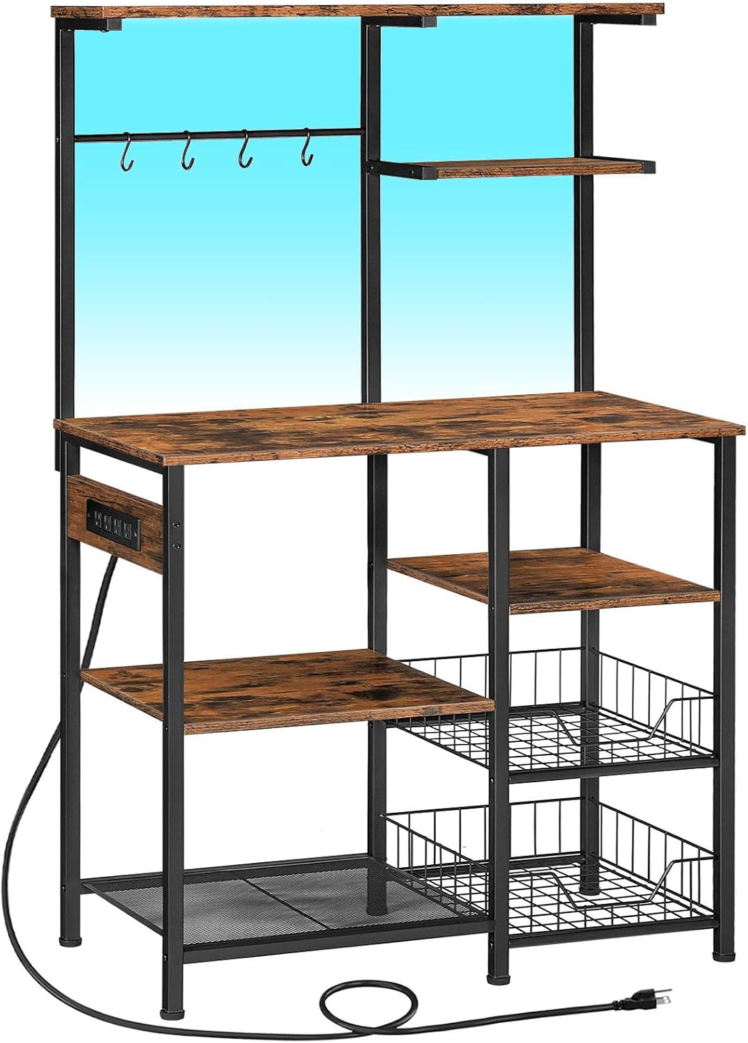 HOOBRO Bakers Rack with Power Outlet and LED Light, 6-Tier Microwave Stand with Wire Baskets, Coffee Bar Station, Kitchen Utility Storage Shelf with 4 Hooks, Rustic Brown and Black BF64UDHB01