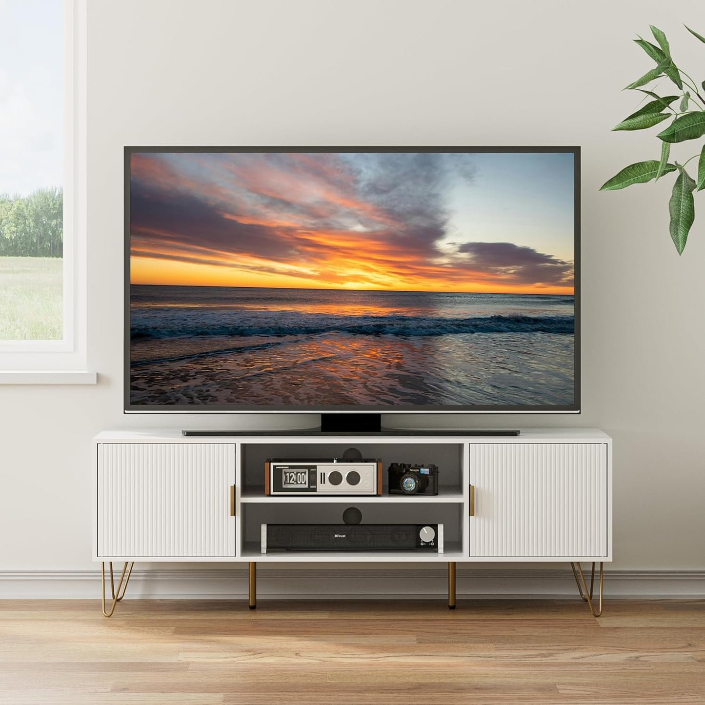 TV Stand for 55 65-inch TV, Entertainment Center with Soft Hinge Door,TV Console Table with 2 Cabinets with Gold Handle and Feet,for Living Room, Bedroom, White