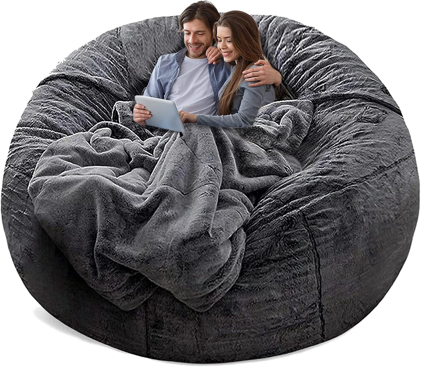 (No Filler) Bean Bag Chair Cover Without Filler,Big Round Soft Fluffy PV Velvet Washable Bean Bag Lazy Sofa Bed Cover for Adults,Living Room Bedroom Furniture Outside,5ft Dark Grey