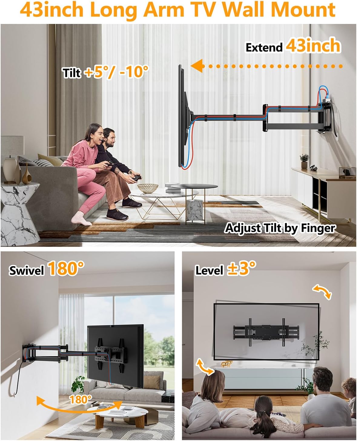 FORGING MOUNT Long Extension TV Mount, Heavy Duty Dual Arm Full Motion TV Wall Mount Bracket with 43 inch Long Arm,Fits 50 to 90 Inch LCD, OLED 4K Flat/Curve TVs, Holds up to 165 lbs,VESA800x400mm