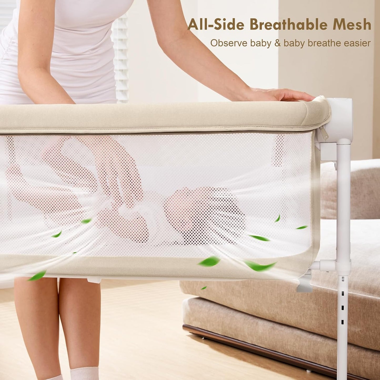Bassinet Bedside Sleeper - All-Mesh Design, Portable Bedside Bassinet for Baby with Washable Mattress, 5 Adjustable Heights（Beige）