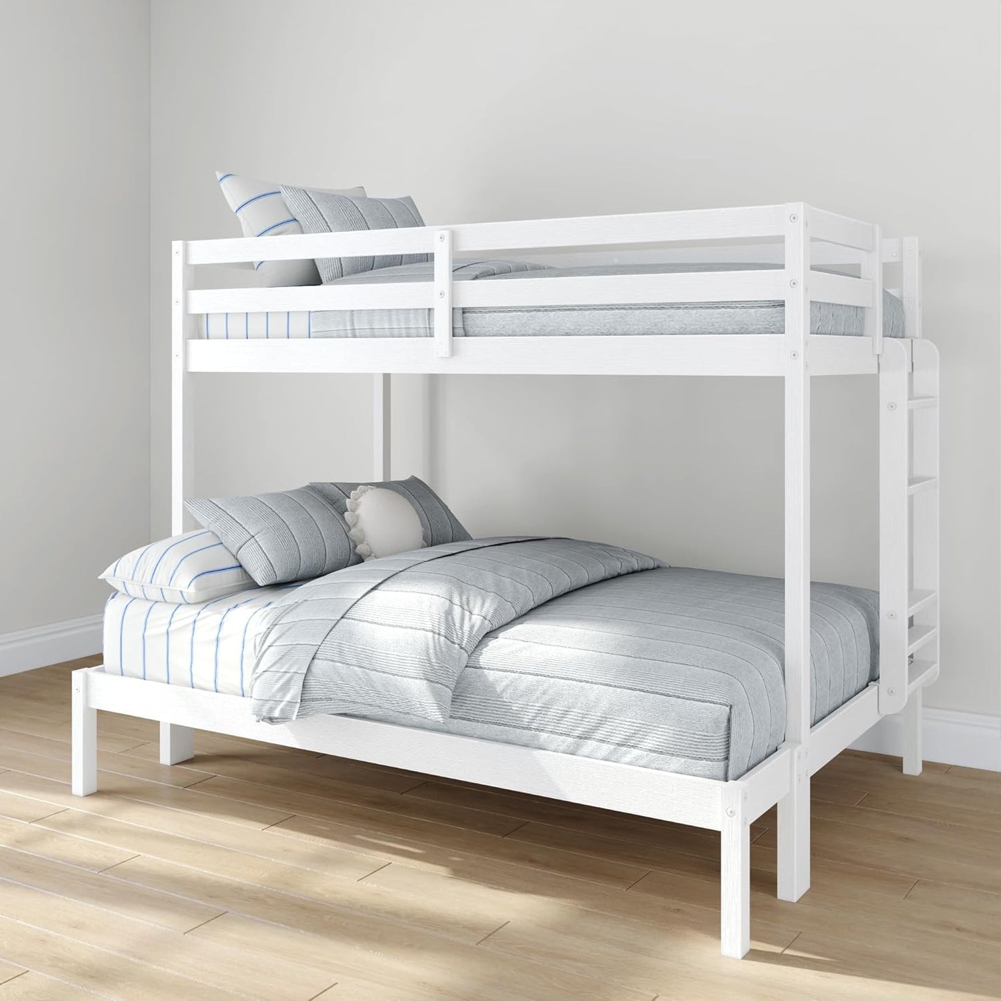 Grain & Grove Bear Twin Over Full Bunk Bed, Sturdy Bunk Bed Frame for Kids, Plywood Bunk with Ladder, Guardrail, and Slats, No Box Spring Required, Brushed White