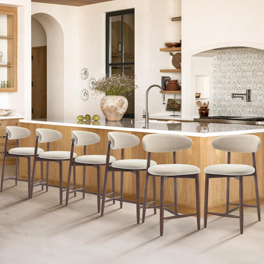 Upholstered Counter Height Bar Stools Set of 6, Kitchen Island Stools with Back, Modern Counter Stools Island Bar Chairs with Wood Legs for Kitchen Island Dining Room Bar, Beige