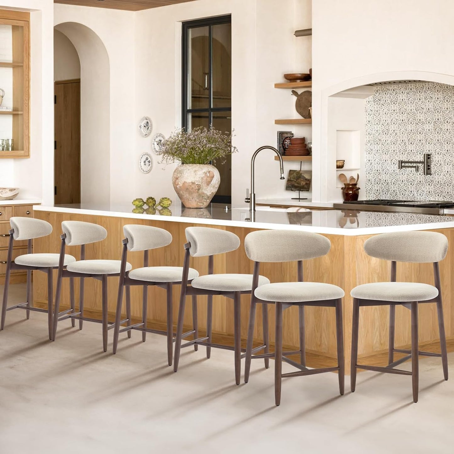 COLAMY Counter Height Bar Stools Set of 6, Kitchen Bar Stools with Back, Mid Century Modern Upholstered Stools, with Wood Legs for Kitchen Island Dining Room, Beige