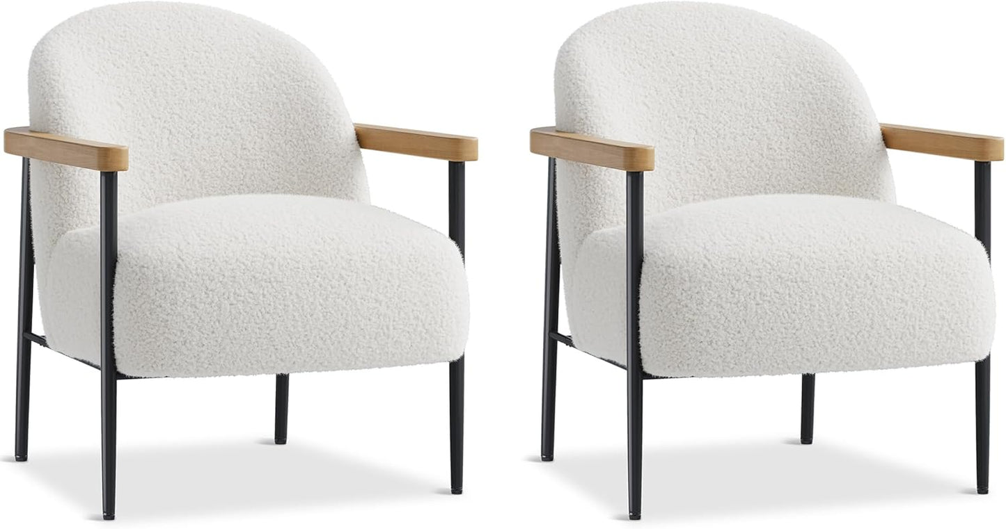 Garvee Modern Accent Chair Set of 4, White Comfy Chair with Teddy Fabric, Wood Arms (2, White)