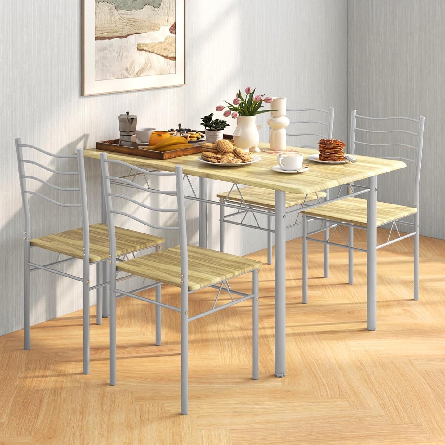 5 Piece Dining Table Set for 4 Chairs Modern Wood Metal Kitchen Breakfast Furniture (Shallow Walnut)