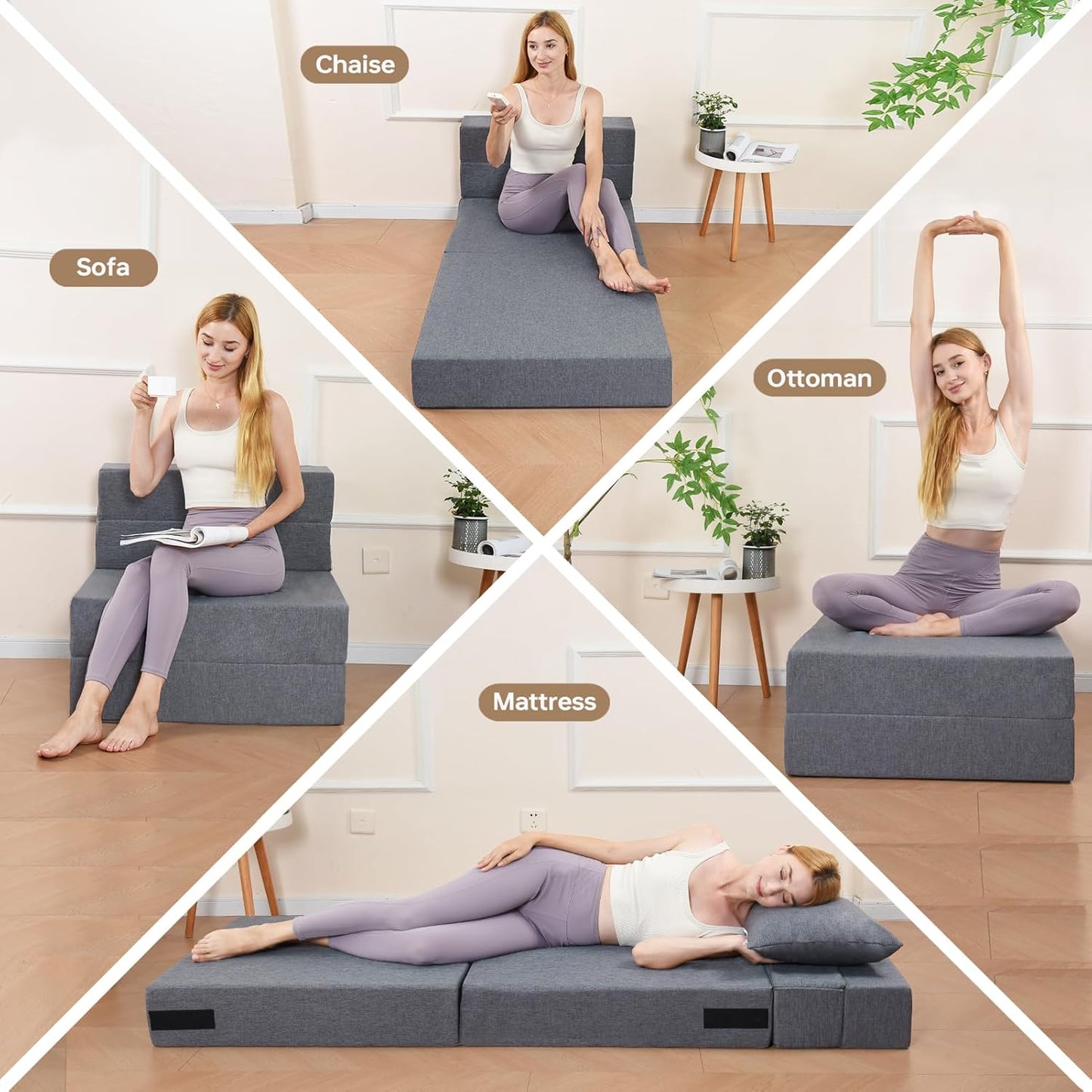 Folding Sofa Bed, Convertible Futon Sofa Bed with Pillow, Foldable Sleeper Chair with Washable Cover, Fold Out Couch for Guest Room, Living Room, Dorm, Single Size, Light Grey