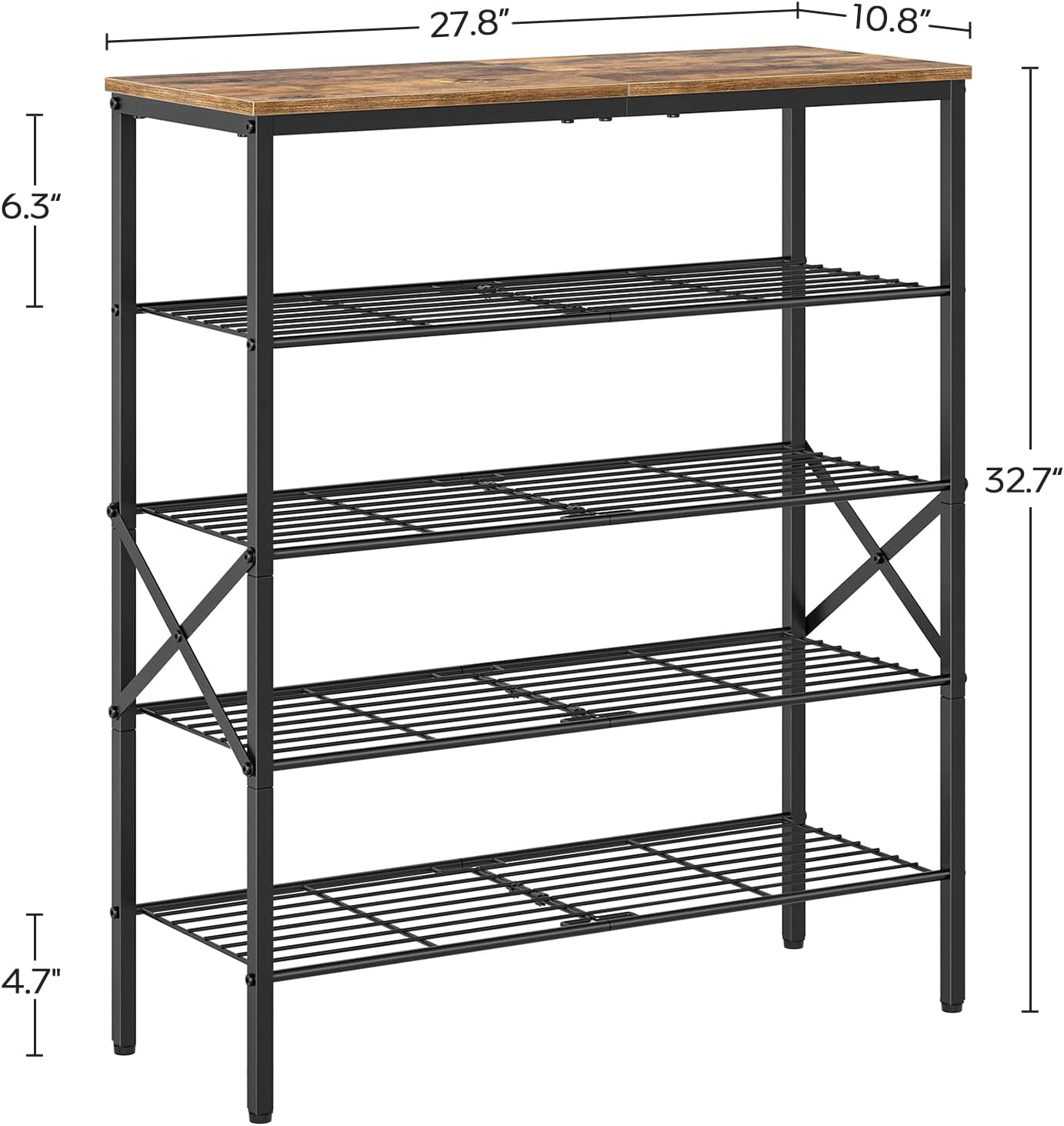 5-Tier Shoe Rack, Shoe Storage for Entryway and Closet, Free Standing Shoe Organizer with Metal Mesh Shelves, 16-20 Pairs of Shoes, Rustic Brown and Black SS05BR