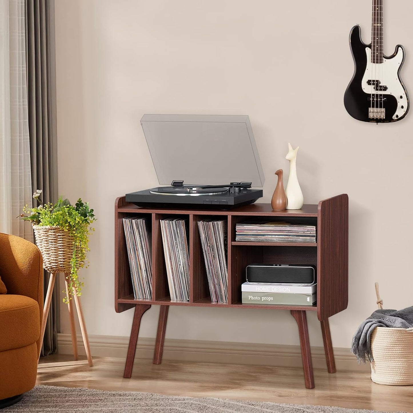 Lerliuo Record Player Stand with 4 Cabinet Holds Up to 220 Albums, Large Turntable Stand with Beech Wood Legs, Mid-Century Record Player Table,Walnut Vinyl Holder Storage Shelf for Bedroom Living Room