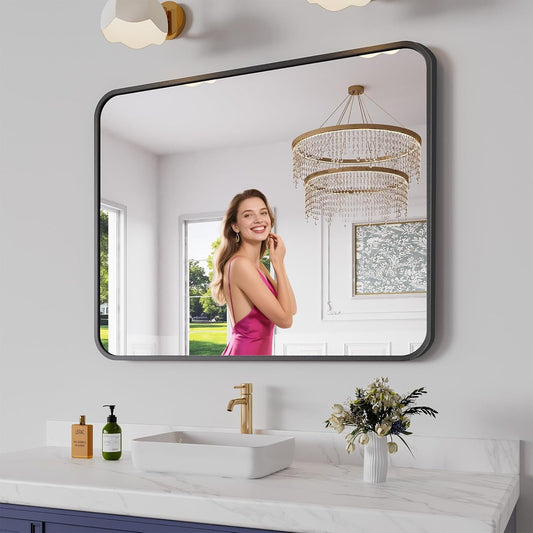 Koonmi Bathroom Mirror, 32X40 Inch Black Metal Framed Mirror for Bathroom, Tempered Glass, Anti-Rust, Rounded Rectangle Mirror for Restroom, Bedroom, Black
