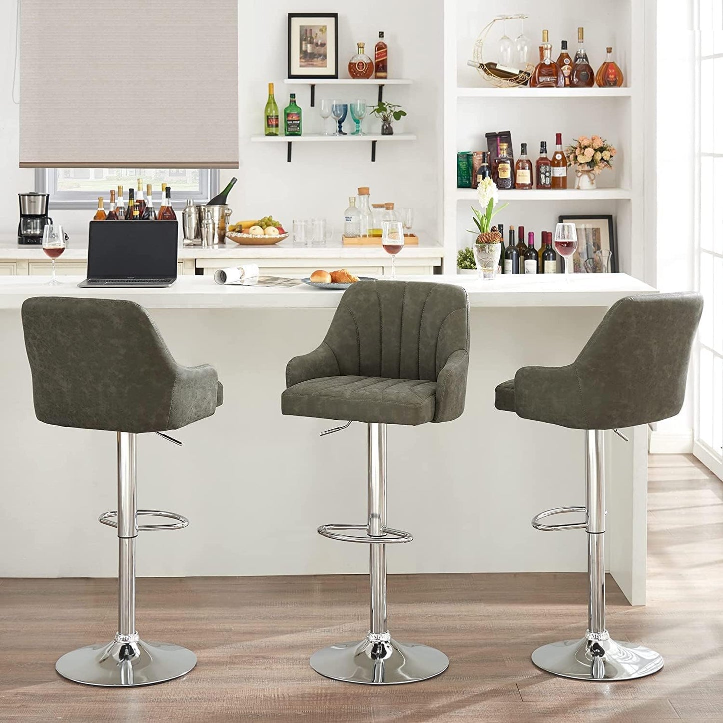 VECELO Adjustable Barstools Set of 4, Counter Bar Stools with Back and Arm, Kitchen Island Stools Swivel Bar Chairs for Pub Dinning Room, Dark Gray