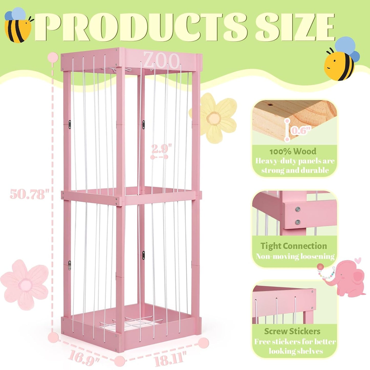 Trycooling Stuffed Animal Zoo Stuffed Animal Storage Wood Plushie Storage Stuffed Animals Zoo Storage Cage with Zoo Pattern Elastic Band for Nursery Play Room Bedroom (Pink)