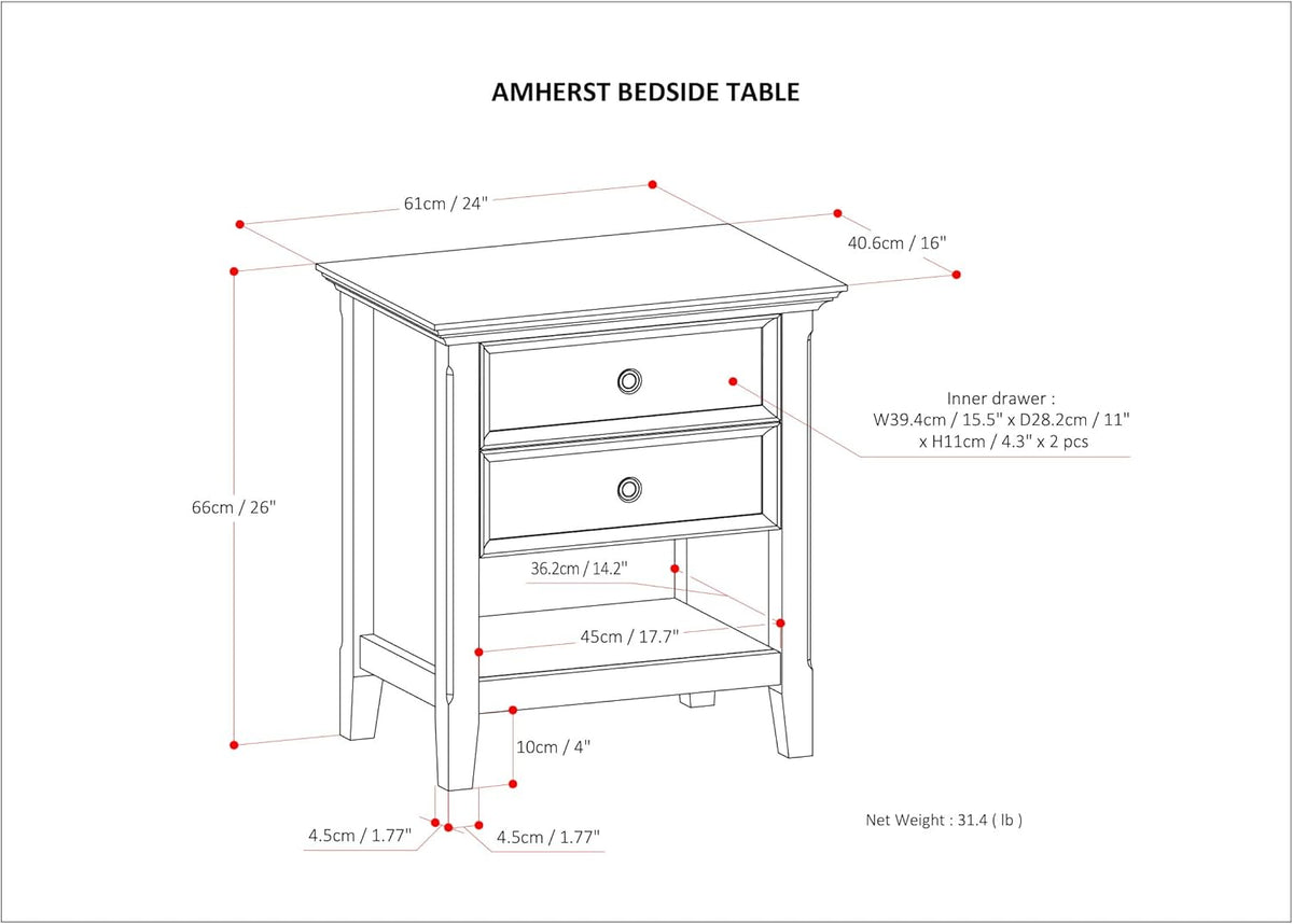 SIMPLIHOME Amherst SOLID WOOD 24 Inch Wide Traditional Bedside Nightstand Table in Black, For the Living Room and Bedroom