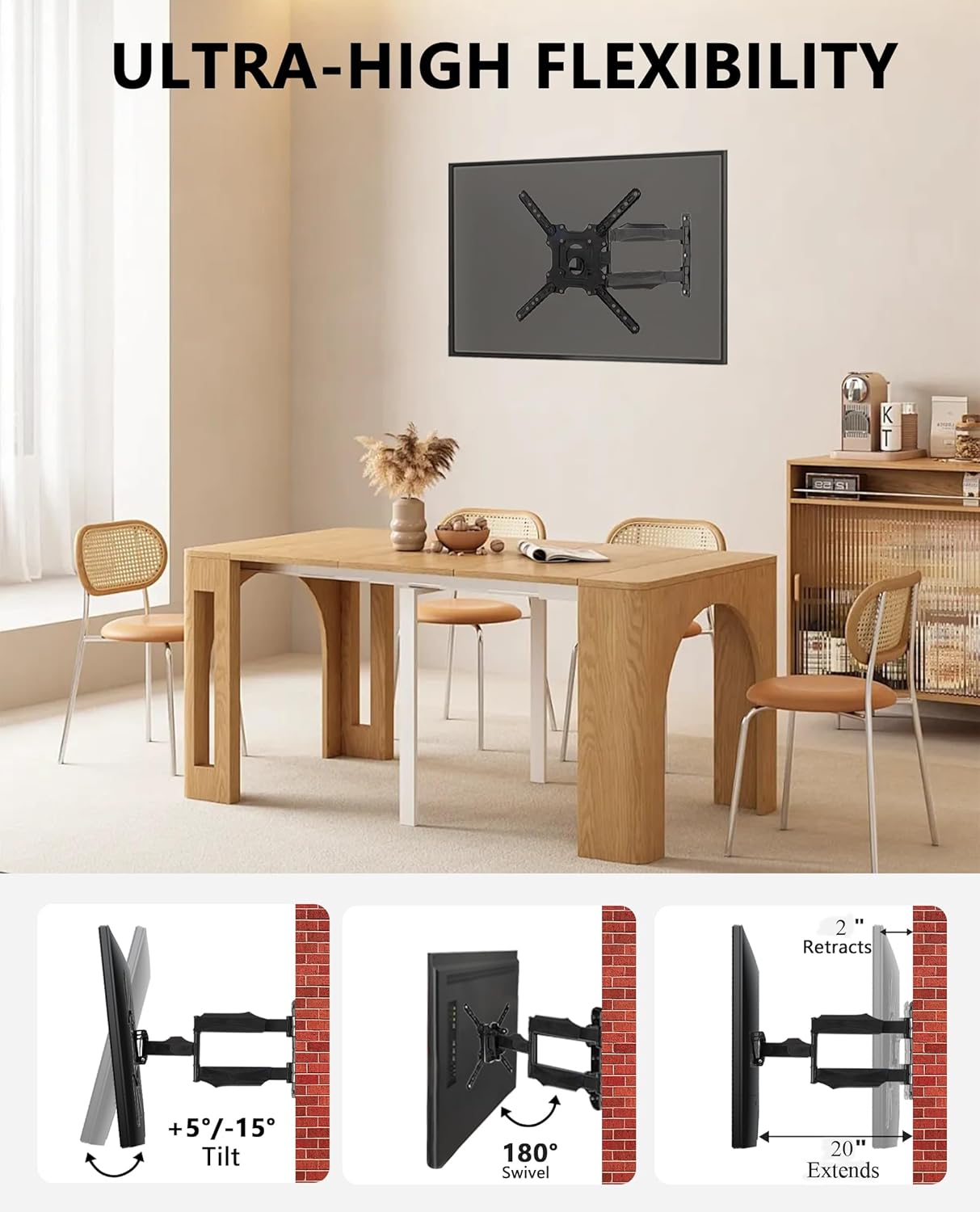 Full Motion Wall Mount for 32-60 Inch Screens, Swivel, Tilt & Extend, Articulating Mount Bracket for LED LCD OLED 4K Displays Up to 77 lbs, VESA 400x400, Space-Saving Adjustable Wall Mount