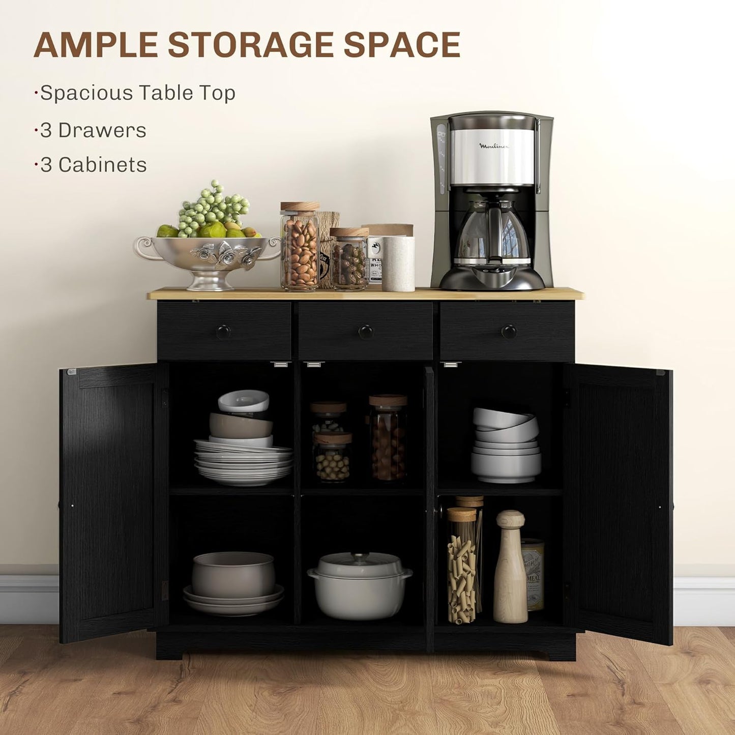 HOMCOM Sideboard with Solid Wood Countertop, Modern Kitchen Storage Cabinet, Coffee Bar Cabinet with 3 Drawers, Doors and Adjustable Shelf, Distressed Black