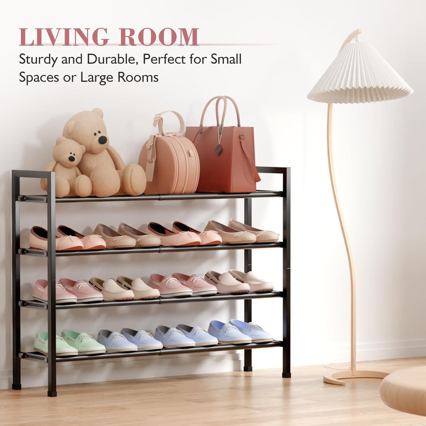 Bumusty 4-Tier Expandable Shoe Rack for Closet, 18“-33” Adjustable Shoe Rack for Small Space, Small Shoe Organizer for Front Door, Sturdy Metal, Dark Black