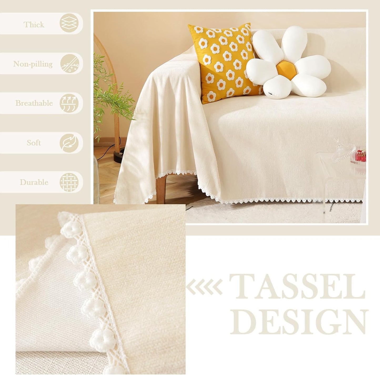 HANDONTIME Beige Couch Covers for 3 Cushion Sofa - Cute Daisy Lace Pet Protector - Thick Chenille Cover for Dogs & Sectional Sofas - 71" X150"