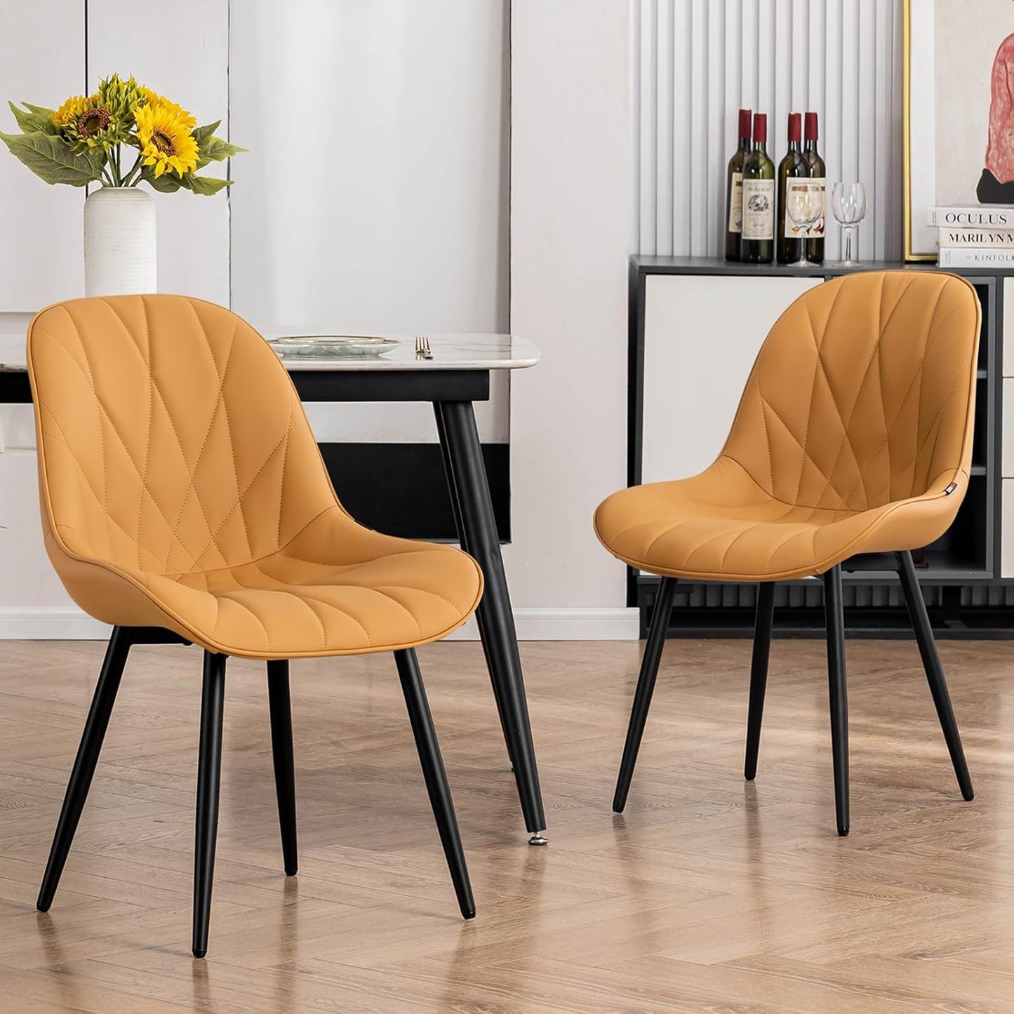 Rowill Modern Dining Chairs Set of 2 - Upholstered Faux Leather Kitchen Chairs with Soft Cushion Backrest, Sturdy Metal Legs & Non-Slip Pads, Perfect for Home Dining Room, Kitchen, Brown Yellow