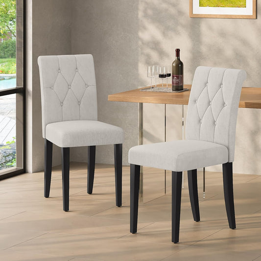 Upholstered Dining Chairs Set of 2, Modern Button Tufted Parsons Design with Solid Wood Legs, Soft Fabric Side Chairs Comfortable & Stylish, White