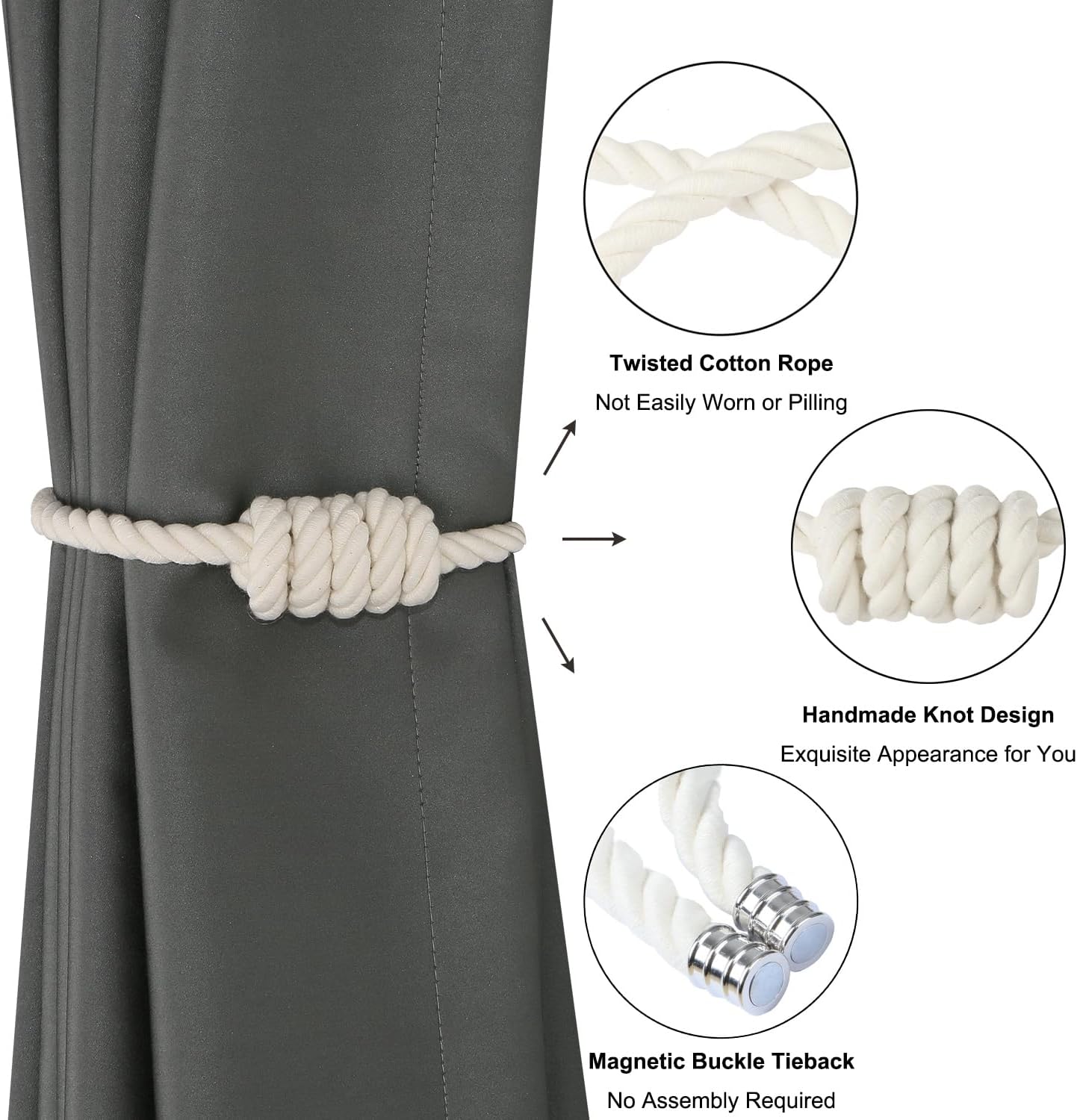 BEL AVENIR Magnetic Cotton Curtain Tiebacks, Decorative Drapery Holdbacks Modern Woven Tie-Backs with Exquisite Knot (Cotton, 6 Pack)