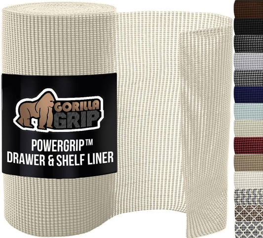 GORILLA GRIP powerGRIP Drawer Shelf and Cabinet Liner, Thick Strong Hold, Non-Adhesive Liners Protect Kitchen Cabinets and Cupboard, Bathroom Drawers, Easy Install, Breathable Mat, 20" x30', Cream