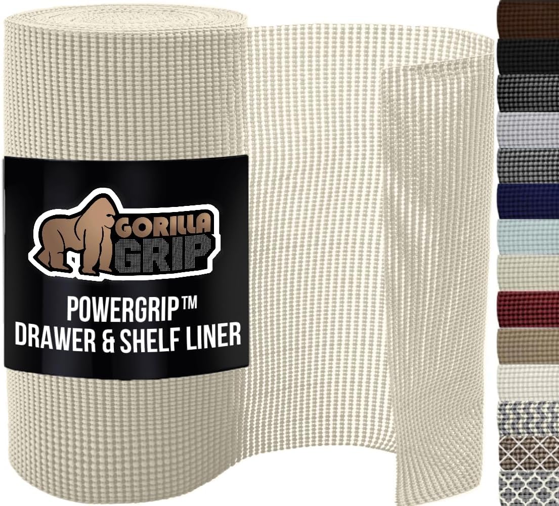 GORILLA GRIP powerGRIP Drawer Shelf and Cabinet Liner, Thick Strong Hold, Non-Adhesive Liners Protect Kitchen Cabinets and Cupboard, Bathroom Drawers, Easy Install, Breathable Mat, 17.5" x20', Cream