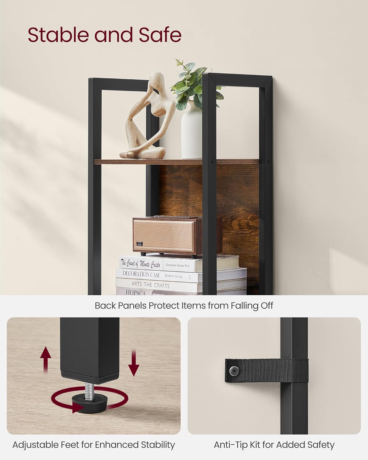 VASAGLE 5-Tier Bookshelf, Book Shelf with Drawer, Industrial Bookcase, with Steel Frame, for Living Room, Home Office, Bedroom, 9.4 x 23.6 x 65 Inches, Rustic Brown and Black ULLS147B01