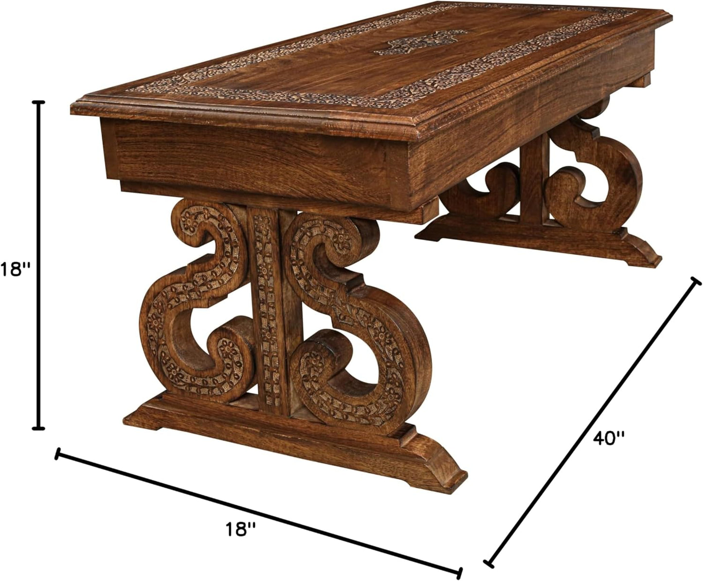 Lightnpro Handcrafted Mango Wood Rectangular Coffee Table - Vintage Rustic Living Room Center Table with Intricate Carving, Modern Farmhouse Style, Eco-Friendly Furniture - 40x18 Inch Burnt Finish