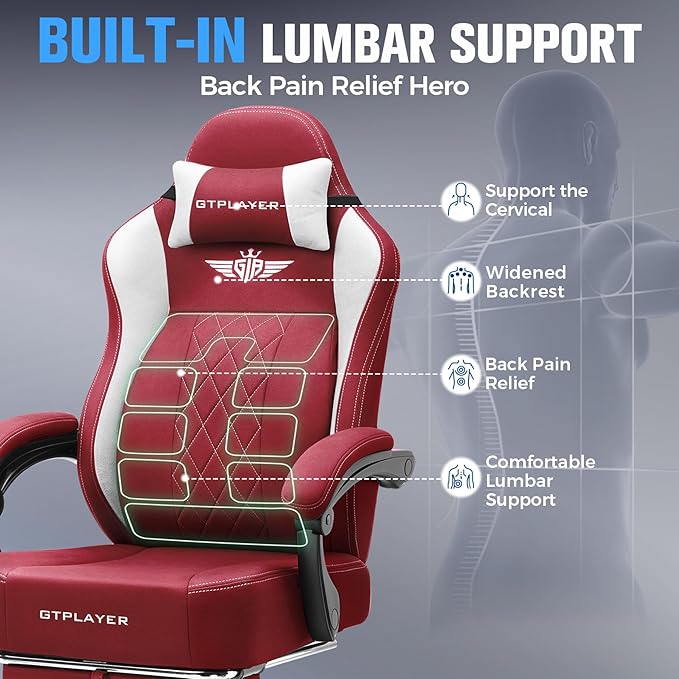 GTPLAYER Big and Tall Gaming Chair Breathable Fabric Computer Chair with Strong Lumbar Support, Comfortable Office Chairs with Pocket Spring Cushion, High Back Ergonomic Desk Chairs with Footrest