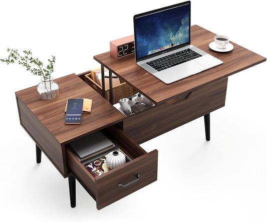 HAIOOU Lift Top Coffee Table with Storage, Mid Century Modern Coffee Tables with Drawer for Living Room,Walnut Rectangular Center Table with Pine Leg Anti-Scratching, Home, Office