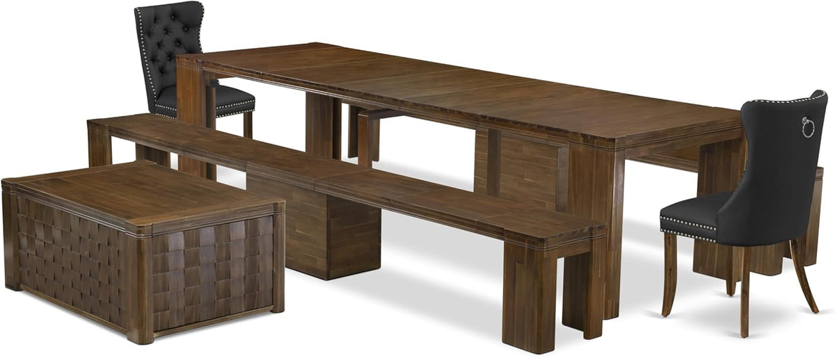X02DA-2C8-12 6-Pc Dining Set Includes an Extendable Rectangle Kitchen Table, 1 Coffee Table, 2 Polyester Dining Chairs and 2 Modern Benches, 39x120 Inch, Antique Walnut