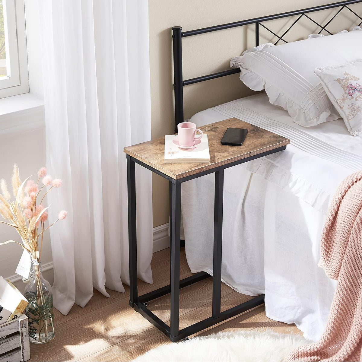 VECELO C Shaped End Side Table for Sofa Couch and Bed Snack TV Tray for Living Room Bedroom, 2 Set, Grey