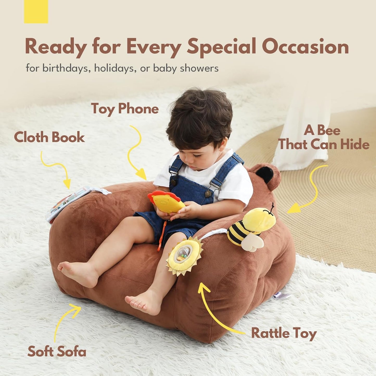 Lovvie & Joy Toddler Sofa Chair, Soft Toddler Kids Chair with Learning Toy Phone,Cloth Book and Rattle Toy,Toddler Chair Couch for Boys and Girls Ages 1+ Years Bear
