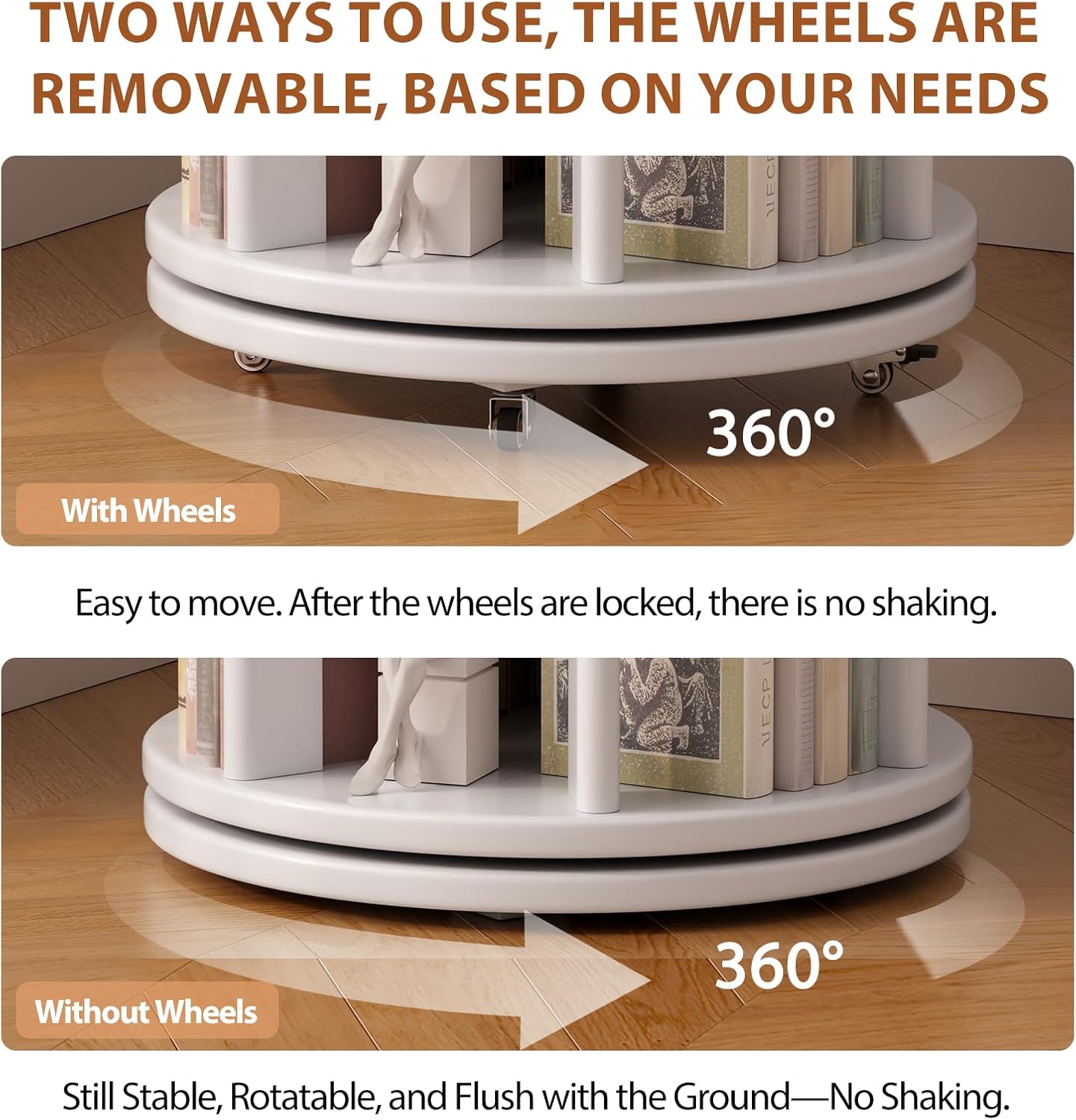 Solid Wood Rotating Bookshelf on Wheels, 4 Tier, Round Revolving Bookcase, 360° Spinning Book Shelf Tower for Kids, Narrow Rolling Bookshelves for Small Space, Corner, Bedroom, Office, White