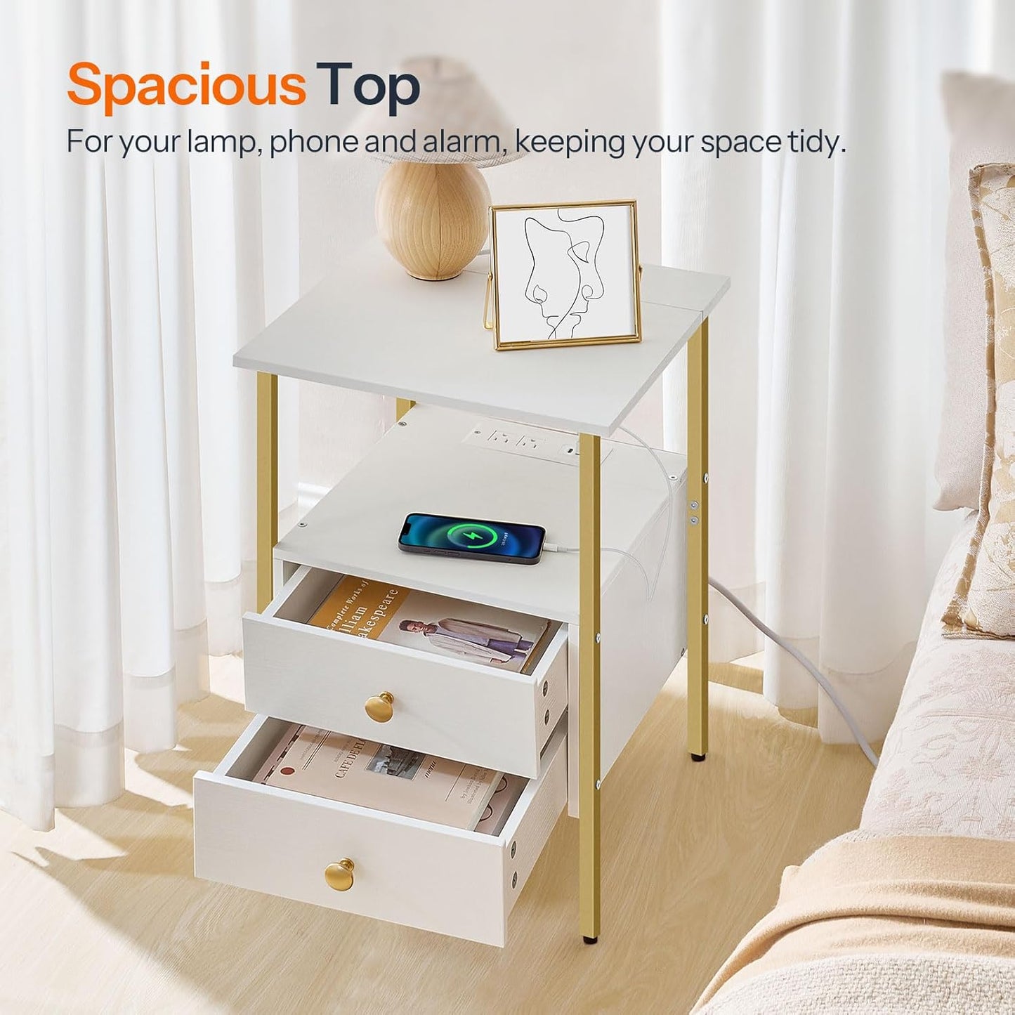 HOOBRO End Table with Charging Station, Bedside Table with 2 Drawer & USB Port & Type-C Port, Nightstand for Small Spaces, Stable and Sturdy, for Living Room, White and Gold DW43UBZ01