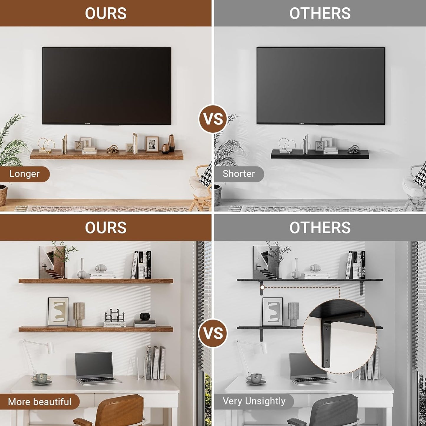 Heimlove Floating Shelves for Wall 48 Inches Long,9.3" Deep Walnut Floating Shelf Set of 2,Wall Mounted Wood Shelves for Bathroom Bedroom Living Room Kitchen Office,Shelf for Books Storage Room Decor